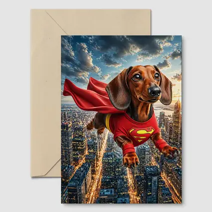 Dachshund Superhero Flying Over City Skyline