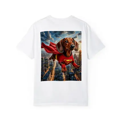 Dachshund Superhero Flying Over City Skyline