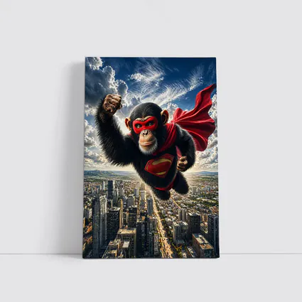 Superhero Chimpanzee Flying Over City Skyline