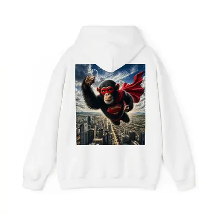 Superhero Chimpanzee Flying Over City Skyline