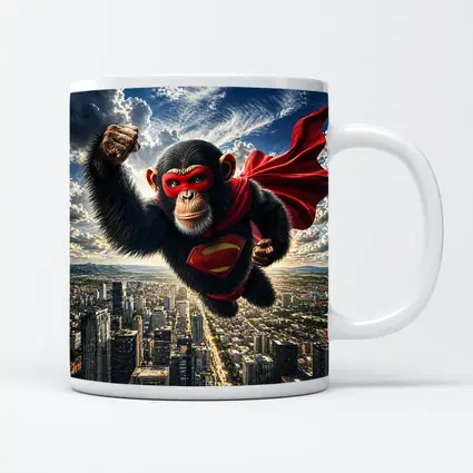 Superhero Chimpanzee Flying Over City Skyline