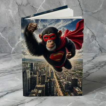 Superhero Chimpanzee Flying Over City Skyline
