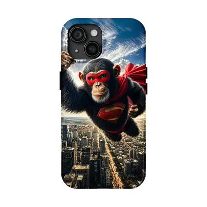 Superhero Chimpanzee Flying Over City Skyline