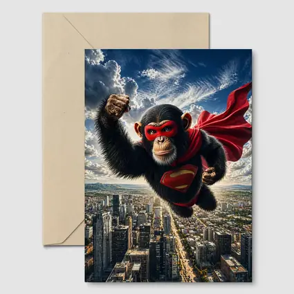 Superhero Chimpanzee Flying Over City Skyline