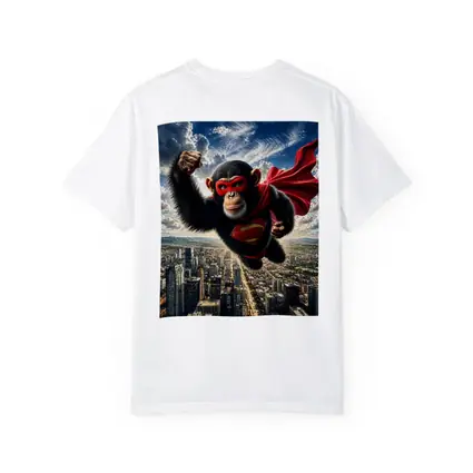 Superhero Chimpanzee Flying Over City Skyline