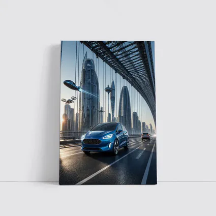 Ford Fiesta Blue On Futuristic Bridge