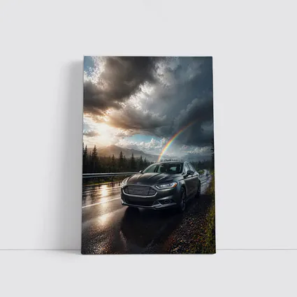 Ford Fusion On Rainy Mountain Road Rainbow