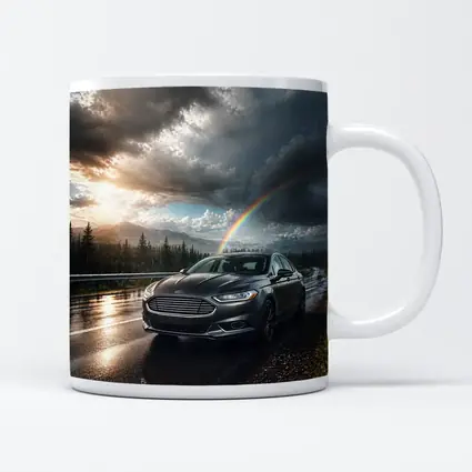 Ford Fusion On Rainy Mountain Road Rainbow