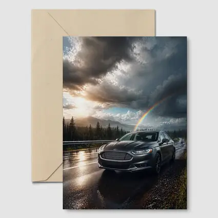 Ford Fusion On Rainy Mountain Road Rainbow