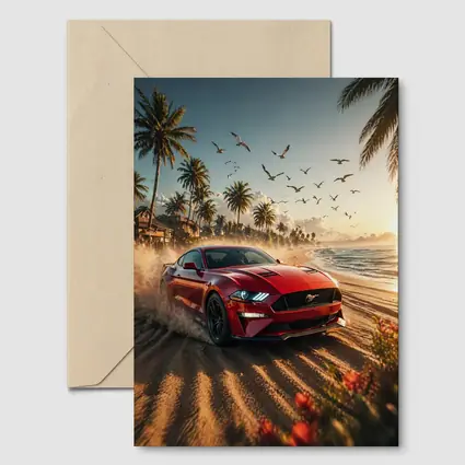 Ford Mustang Red Car Beach Sunset
