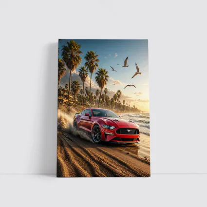 Ford Mustang Red Beach Palm Trees Sunset