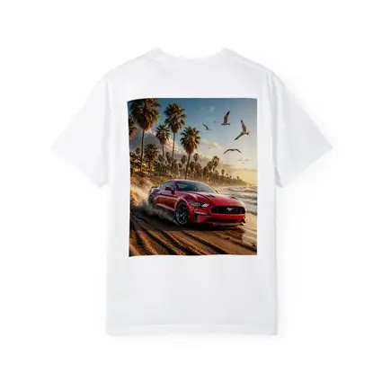 Ford Mustang Red Beach Palm Trees Sunset