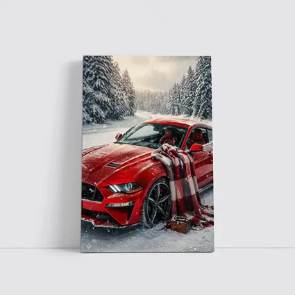 Red Ford Mustang GT Snowy Forest Road