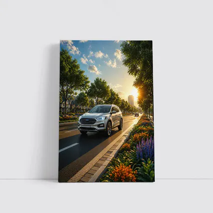 Ford SUV Driving Sunny Tree Lined Avenue