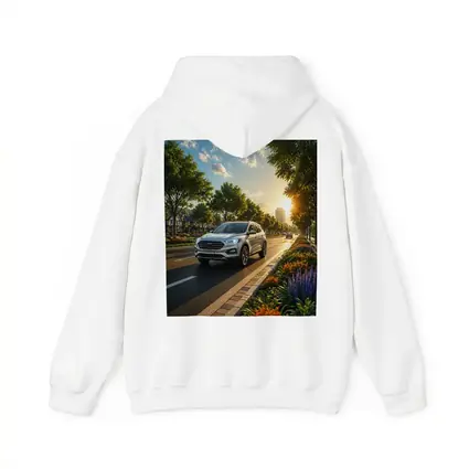 Ford SUV Driving Sunny Tree Lined Avenue