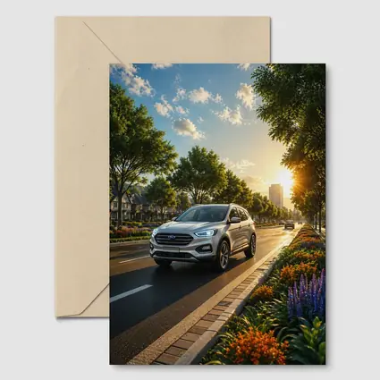 Ford SUV Driving Sunny Tree Lined Avenue