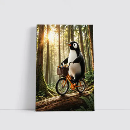 Penguin Riding Bike Through Sunny Forest