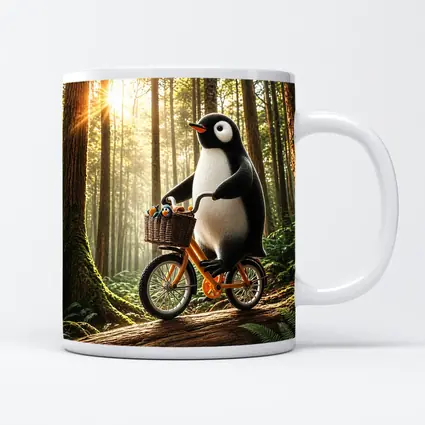 Penguin Riding Bike Through Sunny Forest