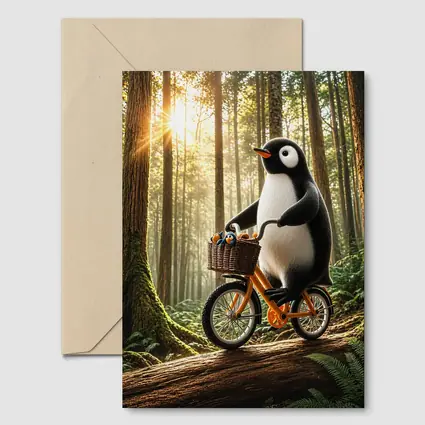 Penguin Riding Bike Through Sunny Forest
