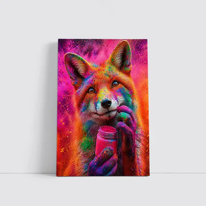 Colorful Fox Holding Holi Powder Jar