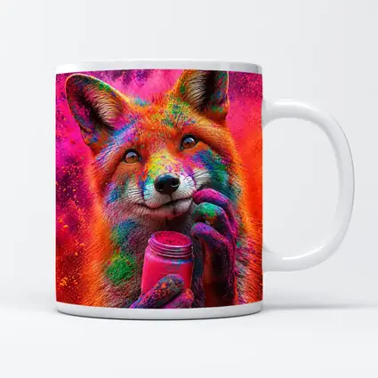 Colorful Fox Holding Holi Powder Jar