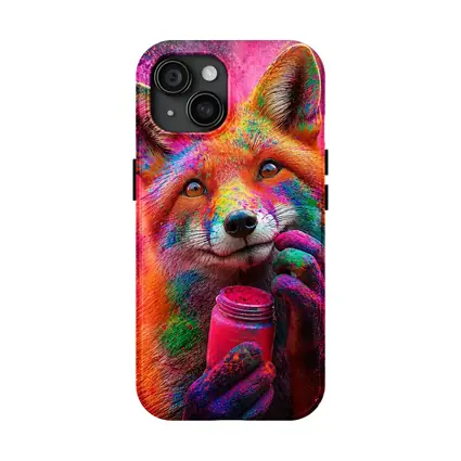 Colorful Fox Holding Holi Powder Jar