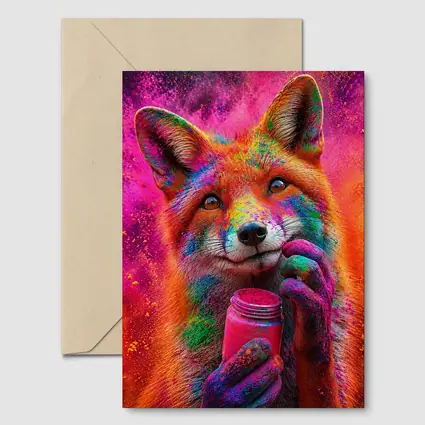 Colorful Fox Holding Holi Powder Jar