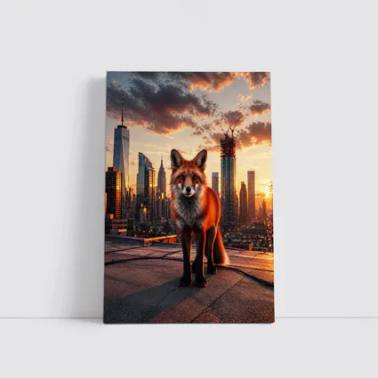 Red Fox Standing on City Rooftop Sunset