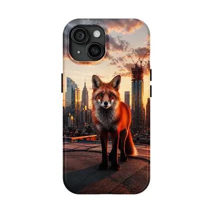 Red Fox Standing on City Rooftop Sunset