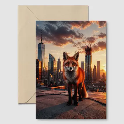 Red Fox Standing on City Rooftop Sunset