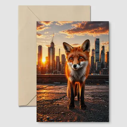 Red Fox Standing On City Rooftop Sunset