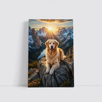 Golden Retriever Resting on Mountain Summit Sunset