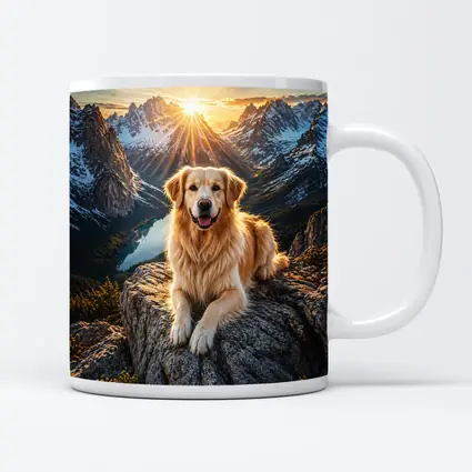 Golden Retriever Resting on Mountain Summit Sunset
