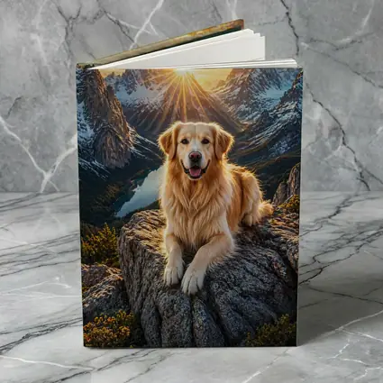 Golden Retriever Resting on Mountain Summit Sunset