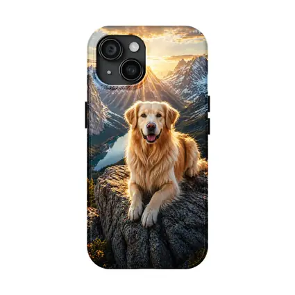 Golden Retriever Resting on Mountain Summit Sunset
