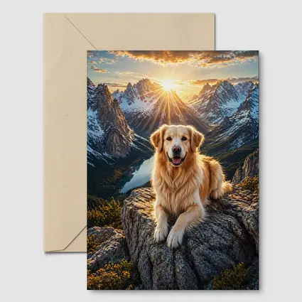 Golden Retriever Resting on Mountain Summit Sunset