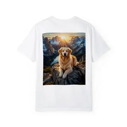 Golden Retriever Resting on Mountain Summit Sunset