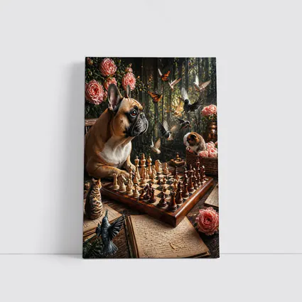 French Bulldog Playing Chess With Garden Birds