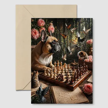 French Bulldog Playing Chess With Garden Birds
