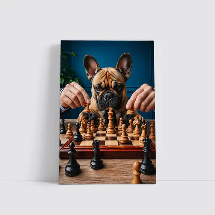 French Bulldog Playing Chess Blue Background