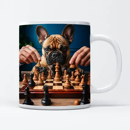 French Bulldog Playing Chess Blue Background