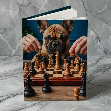 French Bulldog Playing Chess Blue Background