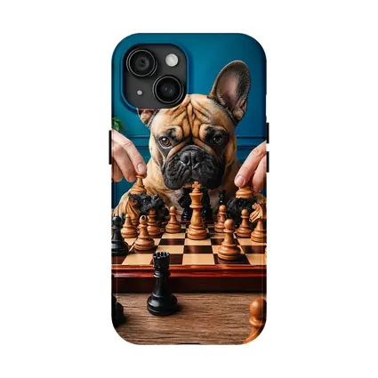 French Bulldog Playing Chess Blue Background