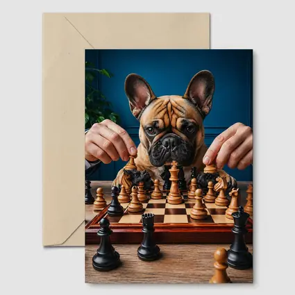 French Bulldog Playing Chess Blue Background