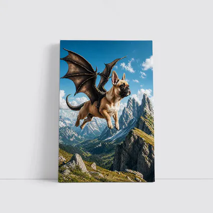 French Bulldog Dragon Wings Flying Mountain Peaks