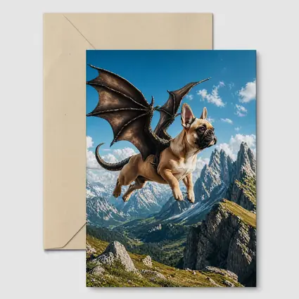 French Bulldog Dragon Wings Flying Mountain Peaks