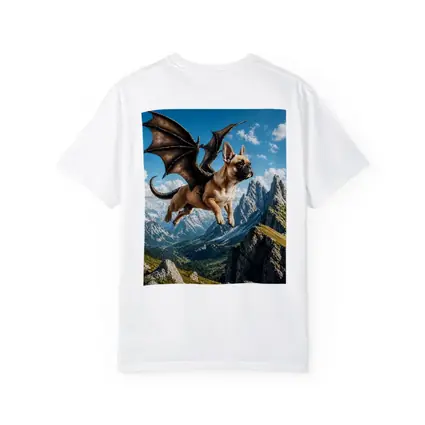 French Bulldog Dragon Wings Flying Mountain Peaks