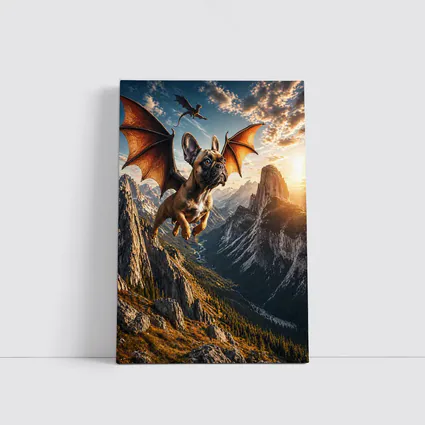 French Bulldog Dragon Wings Flying Mountain Sunset