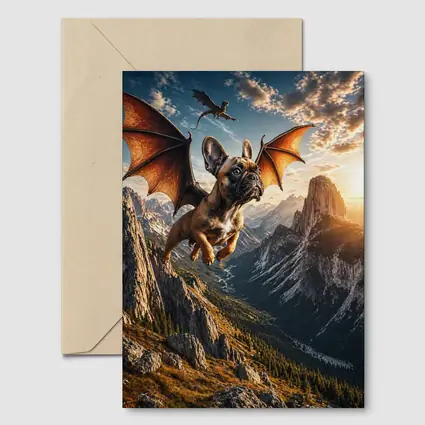 French Bulldog Dragon Wings Flying Mountain Sunset