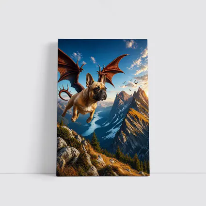 French Bulldog Dragon Flying Over Mountain Peaks